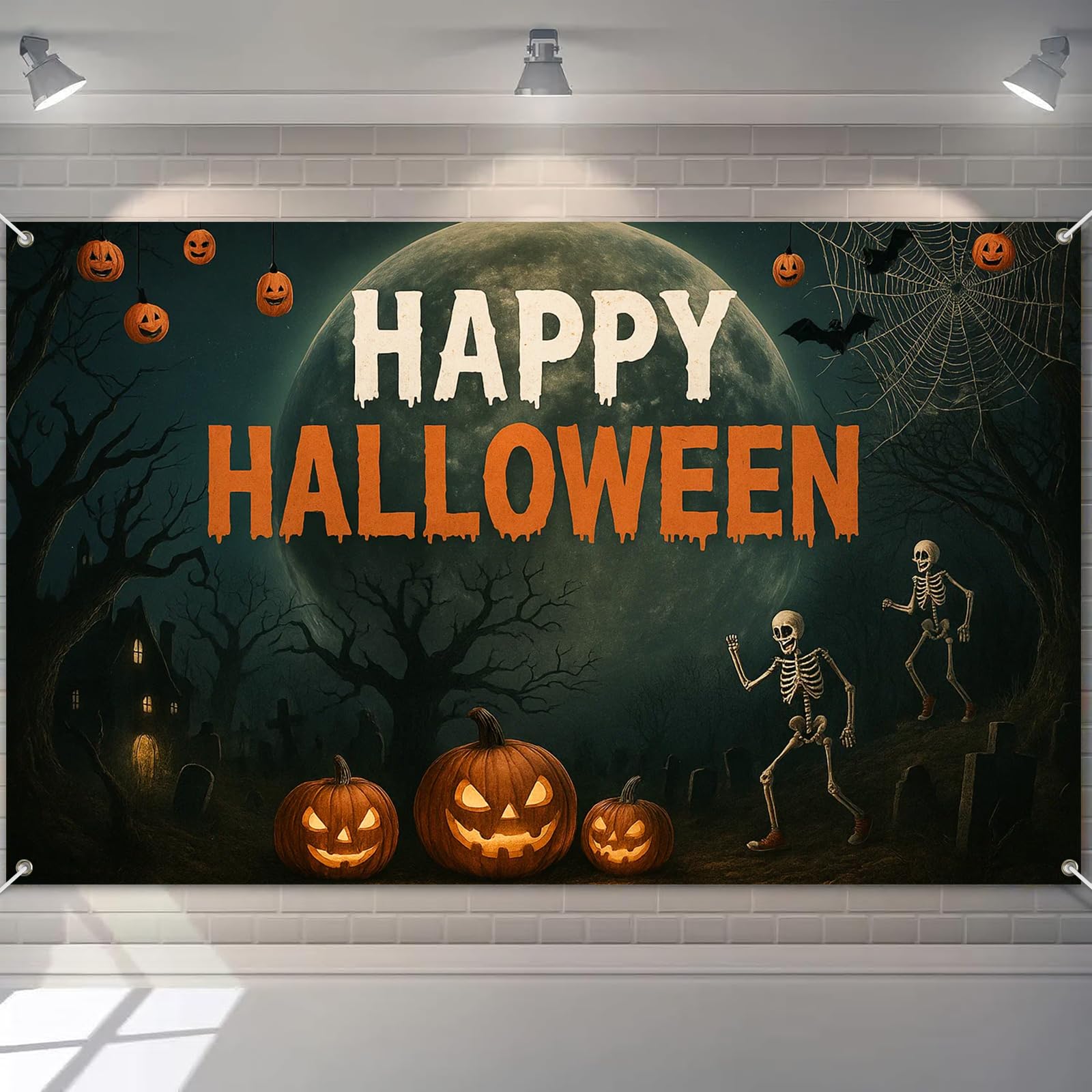 Photo 1 of **2 PACK**BlisYard Happy Halloween Banner Spooky Graveyard Scene Glowing Pumpkins Dancing Skeletons Haunted House Full Moon 71x43 Inches Scary Outdoor Indoor Decoration Trick or Treat Party Backdrop