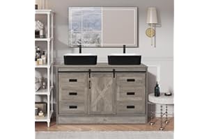 SOLIDEE 48" Barn Door Bathroom Vanity with 6 Drawers, Farmhouse Style Standing Pedestal Cabinet with Two Black and White Ceramic Sinks