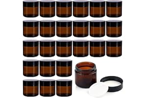 BPFY 24 Pack 2 oz Round Amber Glass Cosmetic Jars with Inner Liners and Black Lids, Travel Jars, Refillable Containers for Ma