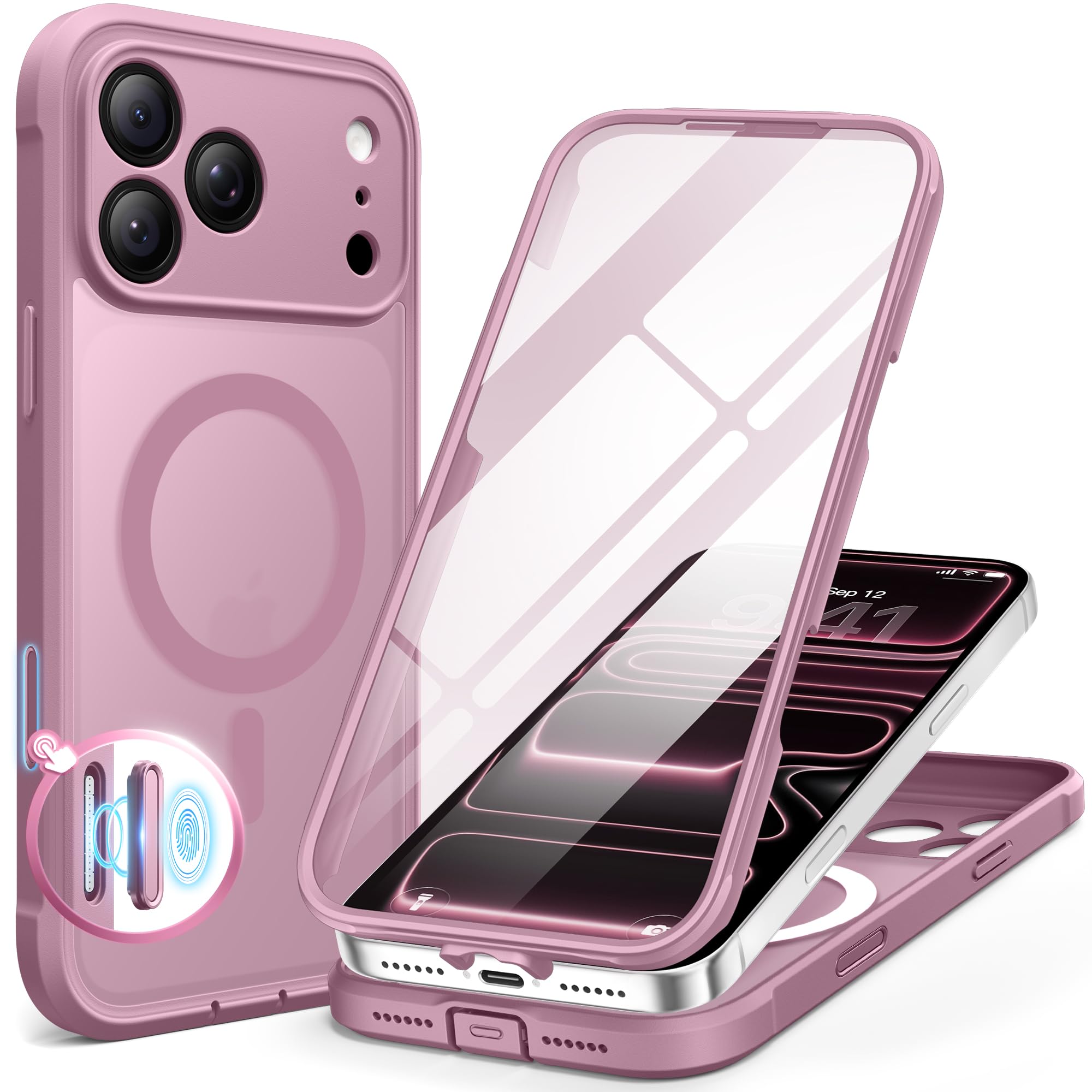 BERFY for iPhone 17 Pro Max Case, Compatible with MagSafe, Built-in Glass Screen Protector, Camera Protection, Shockproof Full Body Phone case 6.9", Translucent Palevioletred Image