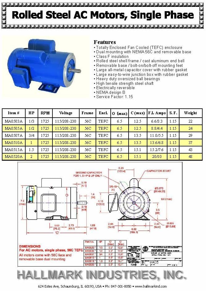 Hallmark Industries AC Motor, (1 HP, 1725RPM, 1 phase, 115/230V) - - 