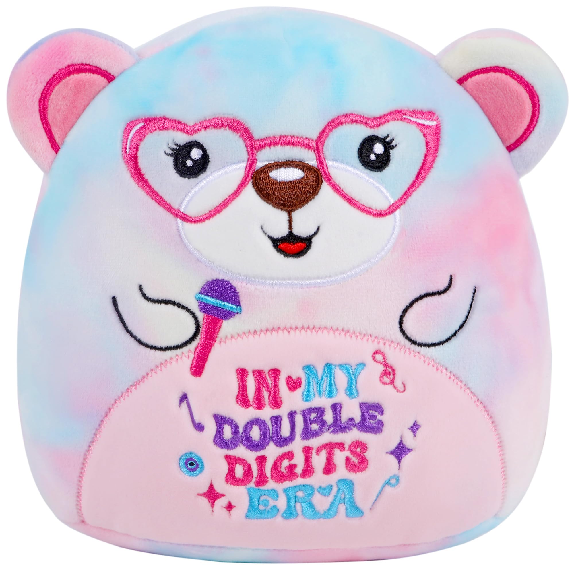 SEAOPOP Bear 10th Birthday Stuffed Animals: 8-Inch in My Double Digits Era Plush Toy, 10th Birthday Gifts for Girls Kids, Cute Tie Dye Bear Plushie with Microphone and Heart Glasses Party Decoration