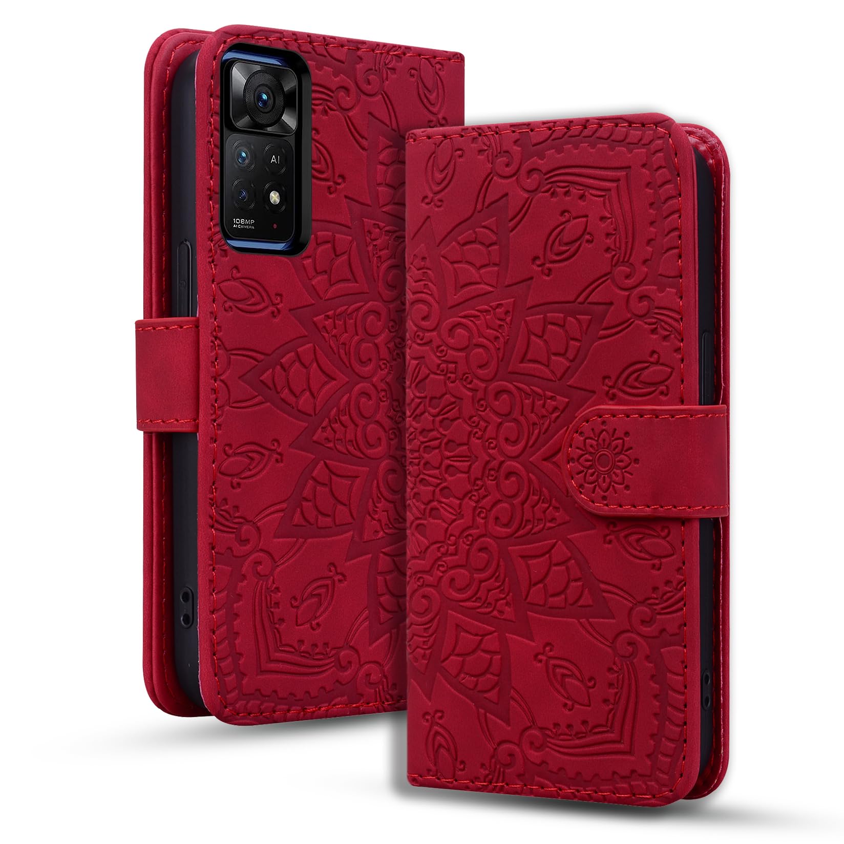 Rosbtib Case for Xiaomi Redmi Note 11 Pro 4G 5G/ Note 11 Pro+/ Note 11E Pro Premium PU Leather Case with Magnetic Closure Stand Function Flip Cover Mandala Embossing Redmi Note 11 Pro - Red