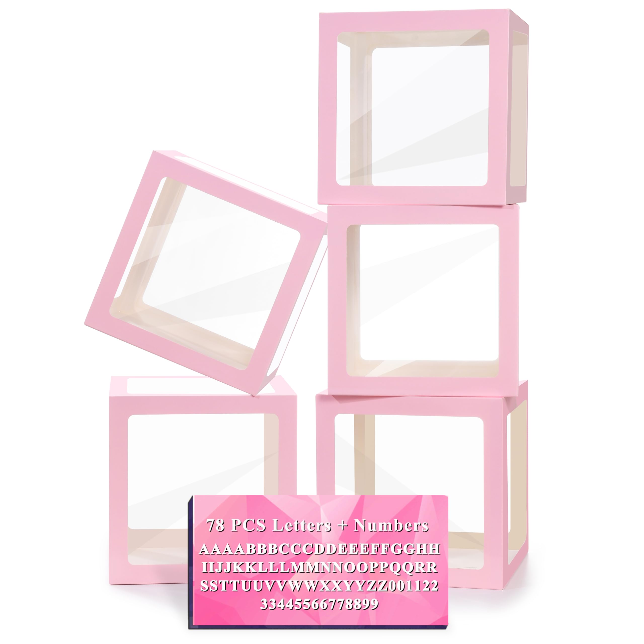 Photo 1 of Pink Transparent Balloon Boxes with Letters, 5 Clear Baby Boxes with 78 Letters & Numbers for Bridal Shower Valentine's Day Gender Reveal Birthday Wedding Party Backdrop Decor
