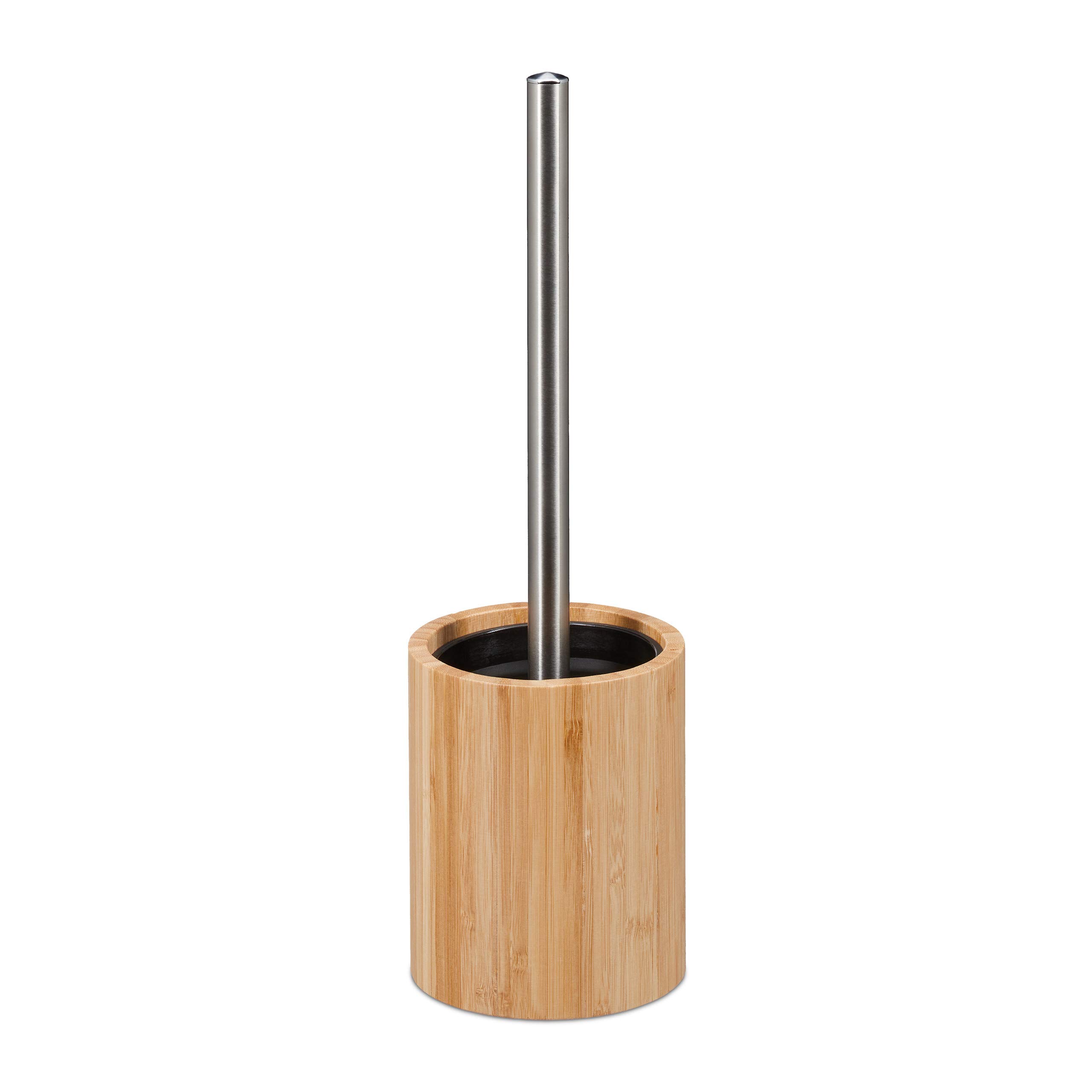Relaxdays Silicone Toilet Brush, Antibacterial, Replaceable Head, Bathroom, Bamboo, HxD: 35 x 10.5 cm, Natural/Silver