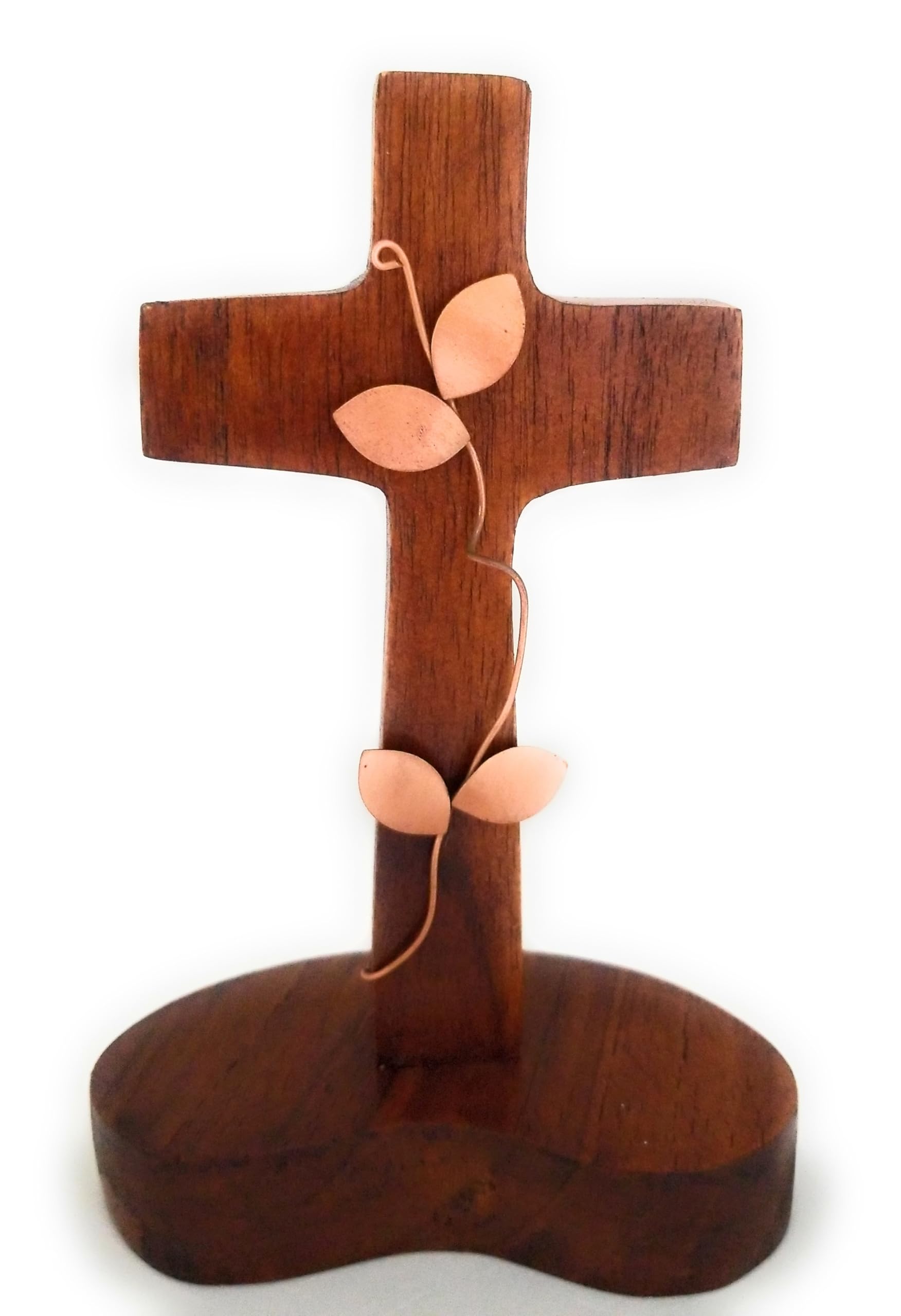 GoldenTBox Handmade Holy Standing Table Altar Wood Cross with Metal Detailing for Gift or Home Work Office Decor on Easter, Mother’s Day, Father’s Day, Christmas, Wedding Anniversary (Brass leaves)