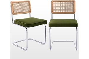Zesthouse Natural Rattan Dining Chairs Set of 2, Olive Green Modern Kitchen Chairs with Solid Wood Back & Chrome Base, Mid Century Breuer Design Inspired, Upholstered Velvet Fabric