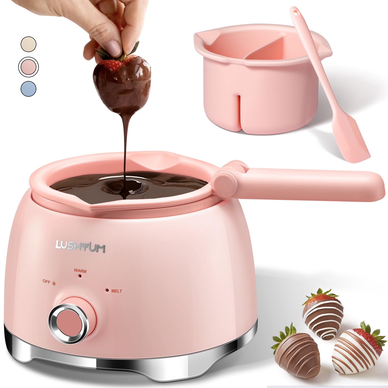 Photo 1 of LUSHYUM Chocolate Melting Pot Candy Melts Melter with 2 Insert Pots and Spatula, 4 Cups Capacity Warmer Machine, Ideal Dipping Tool Kitchen Supplies for Making Cake Pop Covered Strawberries Fondue