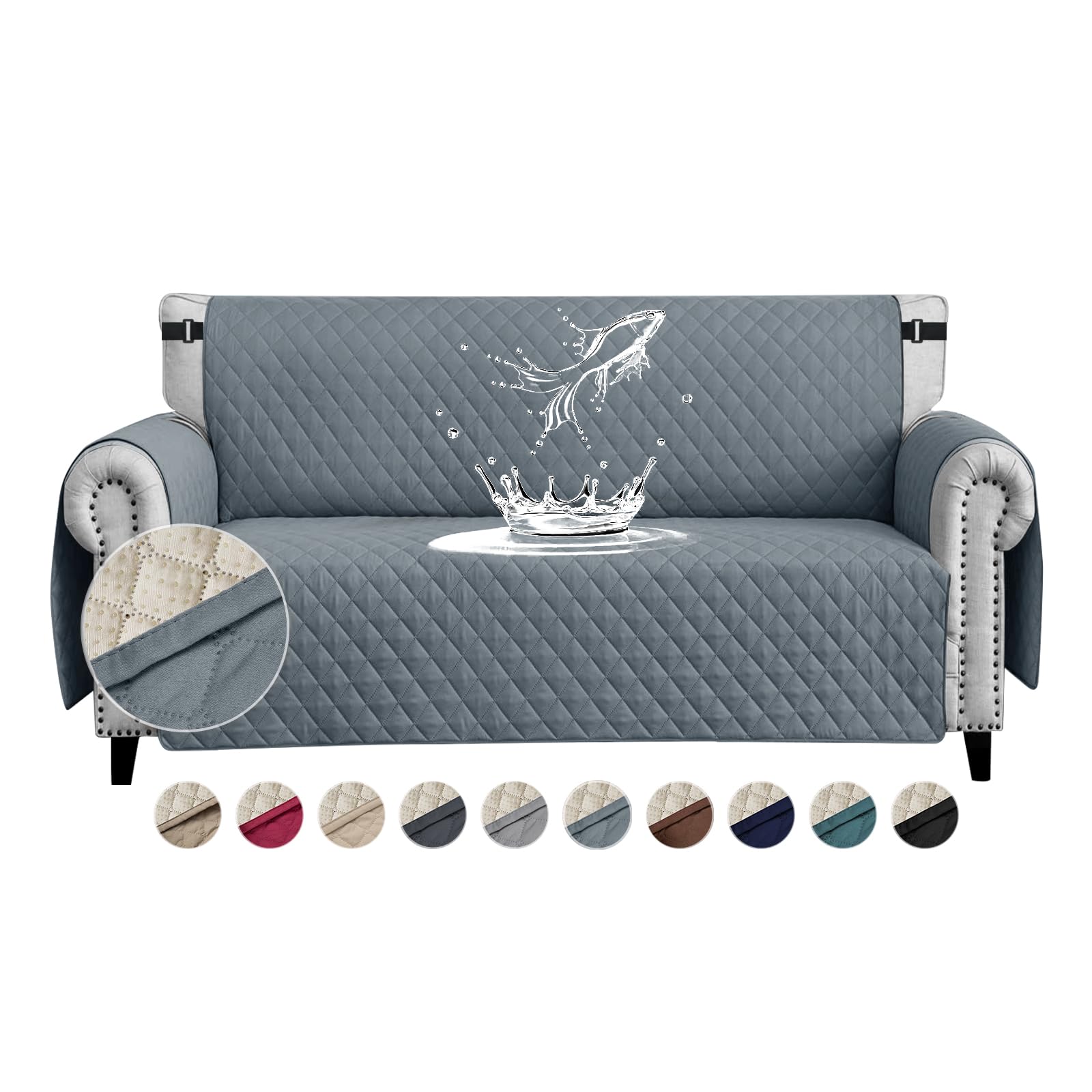 FIGOOO Sofa Covers Water Resistant Sofa Slipcovers 2 Seater Waterproof Anti-Slip Anti-Scratch Sofa Cover with Non Slip Elastic Straps for Dogs Cats Pets,Grey-Blue