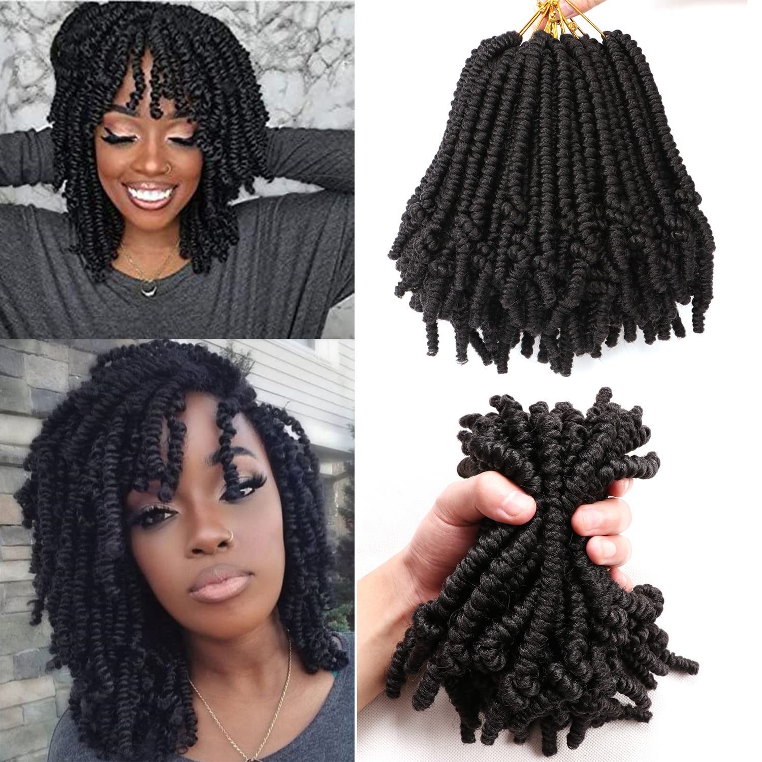 AuHeiAmeri Spring Twist Hair Short Crochet Extensions Passion Curly Bomb Braids (8 Inch (Pack of 8）, #1B)