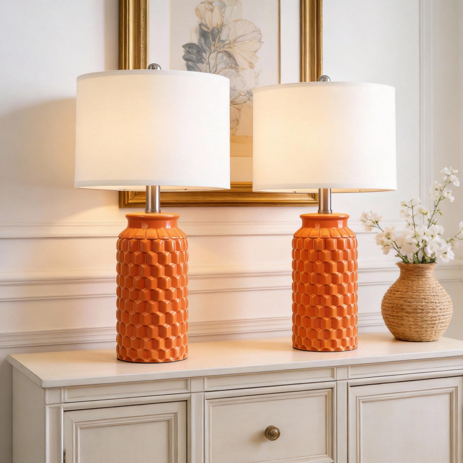 USumkky 20.5" Ceramic Table Lamps Set of 2, Modern Farmhouse Boho Bedside Lamps for Bedroom, Nightstand Lamps for Living Room End Tables, Small Desk Lamps, Orange Image