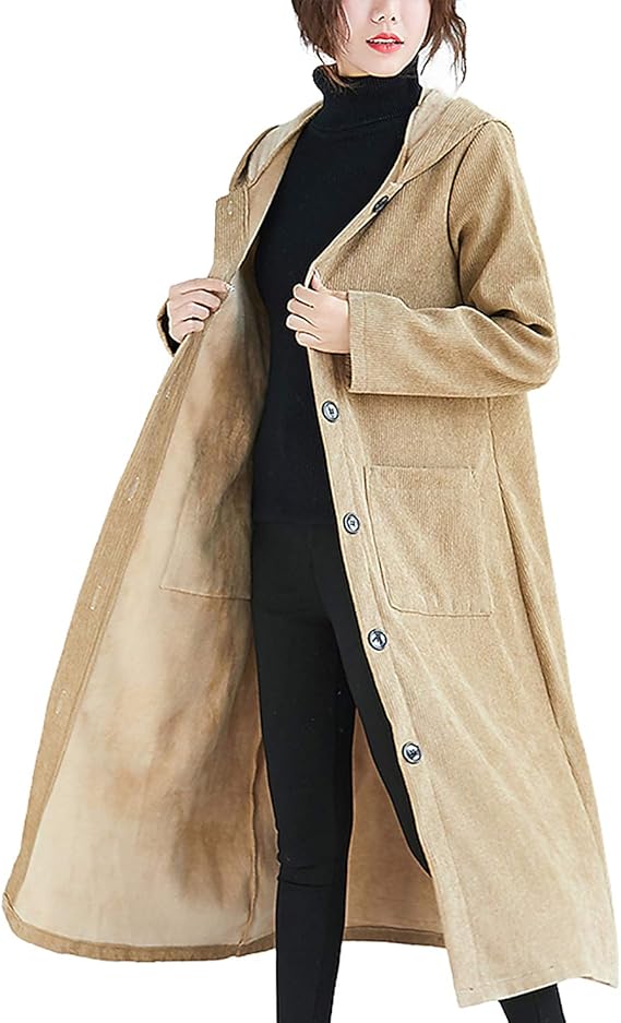 Amazon フード付き 裏起毛 コート ロング アウター コーデュロイ 秋 冬 レディース 裏ボア コート 黒 カーキ 防寒着 長袖 コート ジャケット 通販