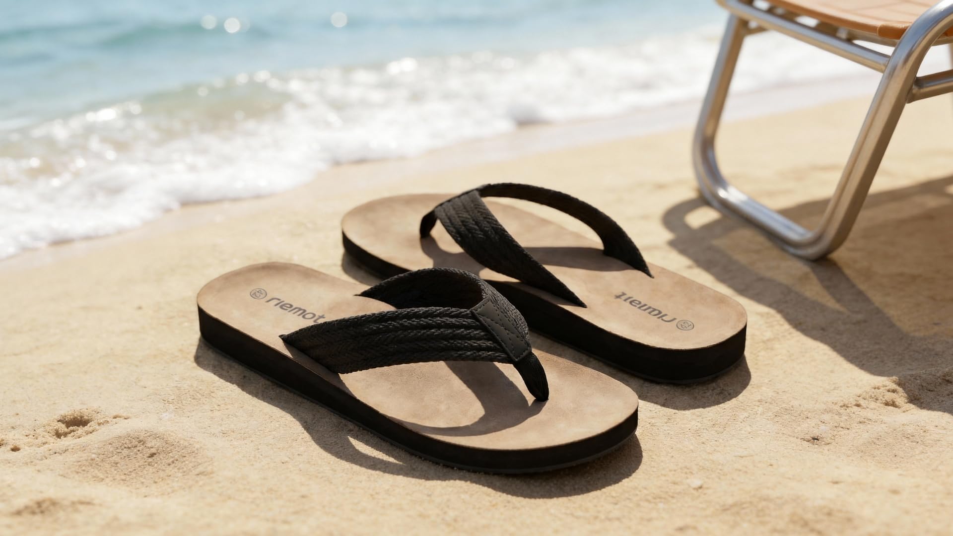 riemot Herren Flip Flops mit Fußgewölbeunterstützung, bequeme Zehentrenner mit starkem Nylonriemen, weichem Mikrovelours-Fußbett und TPR-Laufsohle für Strand, Urlaub, Sommer und Alltag Schwarz EU43 2