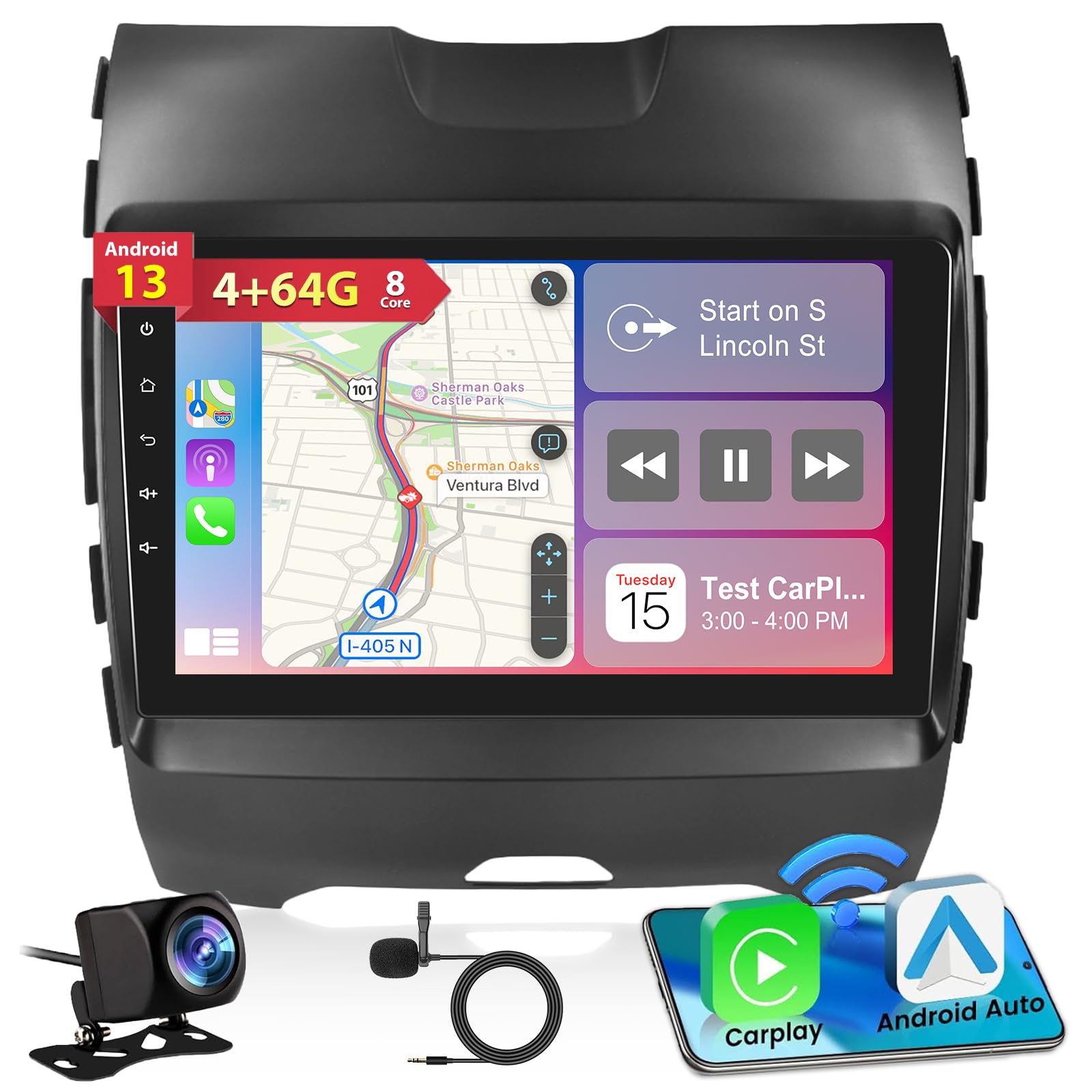 Photo 1 of 8 Core [4G+64G] Car Radio for Ford Edge 2016 2017 2018 2019 2020 - Android 13 Touch Screen Stereo, DSP 32 EQ/IPS Screen/Carplay/Android Auto/SWC/Bluetooth 5.0/WiFi