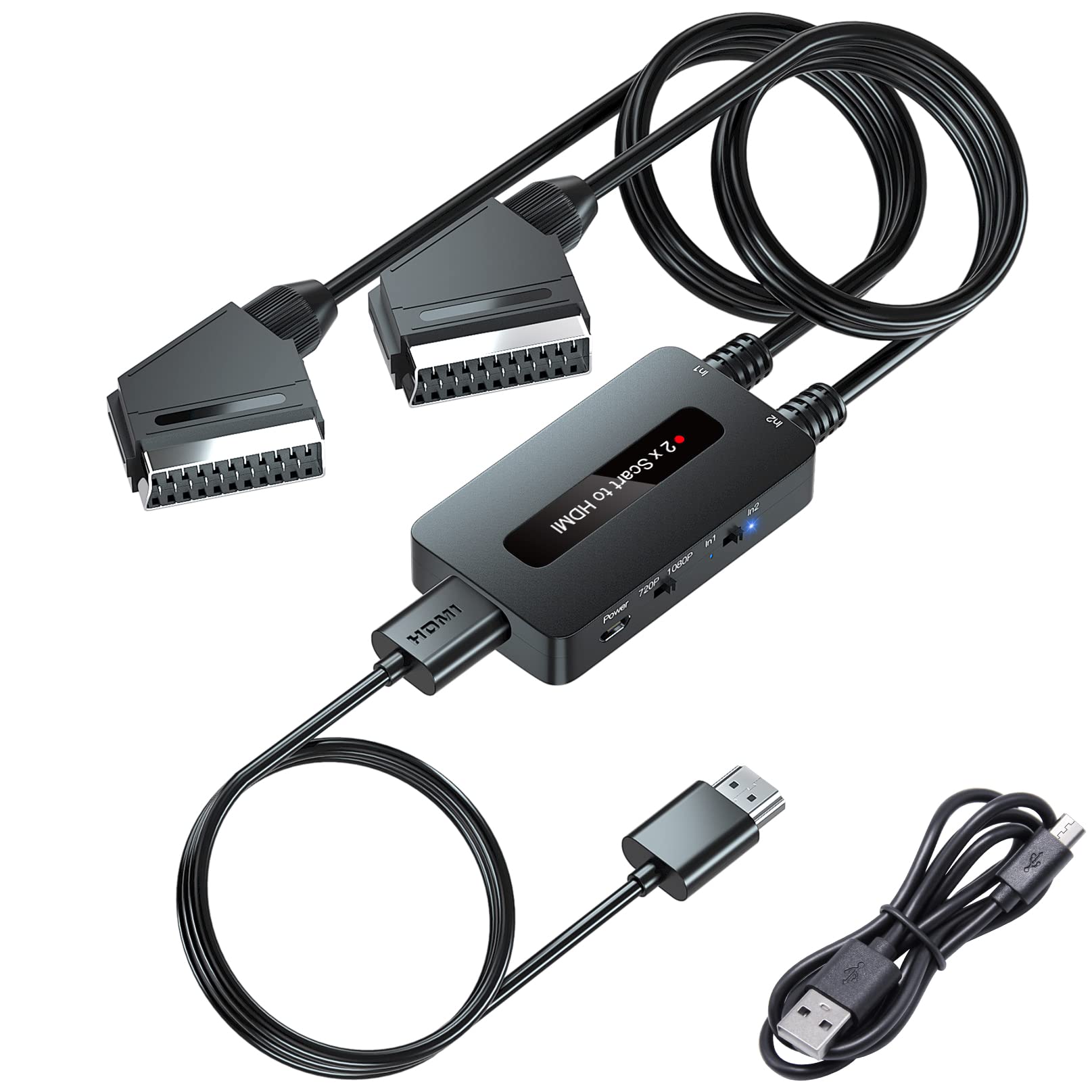 2 x Scart to HDMI Converter - 720P/1080P Output Switch, Two Scart to One HDMI Out, Compatible with DVD/STB/Sky