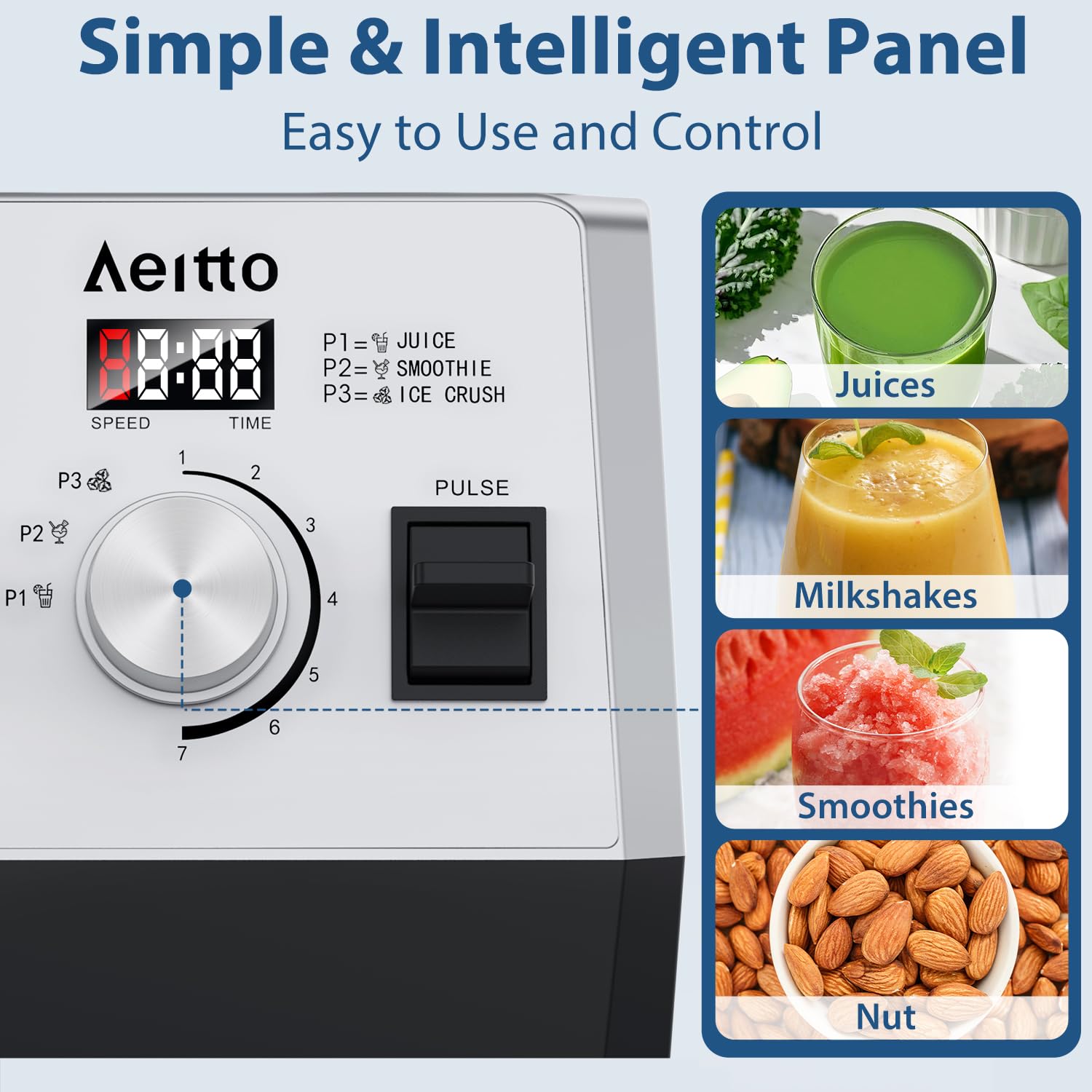 Licuadoras Aeitto para Cocina con 68Oz. Licuadora de batidos de gran capacidad, potencia máxima de 1800 W, 3 programas preestablecidos y 7 velocidades, licuadora de encimera profesional para batidos, trituración de hielo, bebidas congeladas, astilla