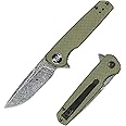 704 Gear Blitz EDC Folding Pocket Knife | Compact 2.98" Blade, Damascus Steel, G10 Handle, Reversible Pocket Clip | Olive Drab Green with Damascus Steel