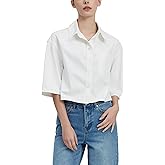 Women’s Cropped Denim Shirt Button Down Half Sleeve Casual Jean Jacket Lightweight Collared Summer Jean Top with Pocket