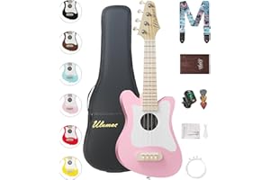 Ulumac Soprano Ukulele, Stylish Shape with White Pickguard Spruce 21.5 inch Ukelele Beginner Kit with Gig Bag, Digital Tuner, Replacing Strings, 3 Guitar Picks, Strap, Cloth, Pink, P005WPN