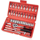 Beaiguna 46PCS Small Drive Socket Ratchet Wrench Screwdriver Set, 1/4 Inch Metric Socket and Ratchet Wrench Set with Extension Bar, Upgrade Compact Tool Set for Car