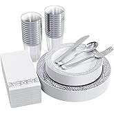 FOCUSLINE 175 Ct Silver Dinnerware Set for 25 Guests, Plastic Plates with Silver Lace Rim Design, Including 25 Disposable Dinner & Dessert Plates, Cups, Napkins, Cutlery Set