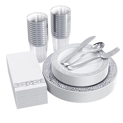 FOCUSLINE 175 Silver Dinnerware Set for 25 Guests, White Plastic