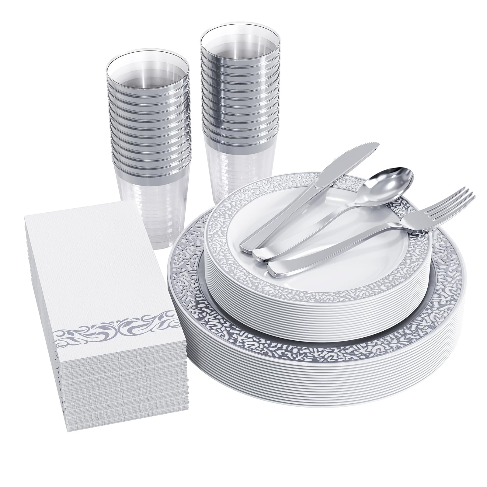 Photo 1 of FOCUSLINE 175 Ct Silver Dinnerware Set for 25 Guests, Plastic Plates with Silver Lace Rim Design, Including 25 Disposable Dinner & Dessert Plates, Cups, Napkins, Cutlery Set