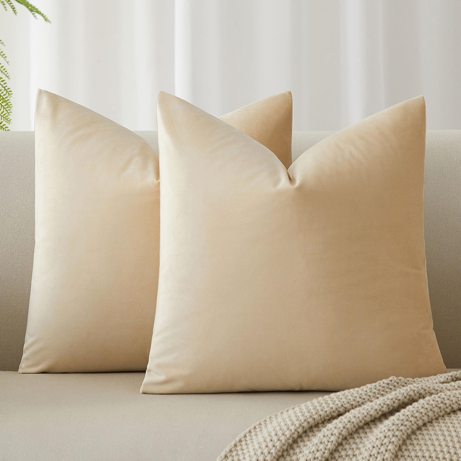 JUSPURBET Throw Pillow Covers Set of 2 Decorative Velvet Pillow Covers for Couch Sofa Bed Soft Cushion Covers Cases with Invisible Zipper for Living Room Home Decor 16x16 inch, Khaki — image 1