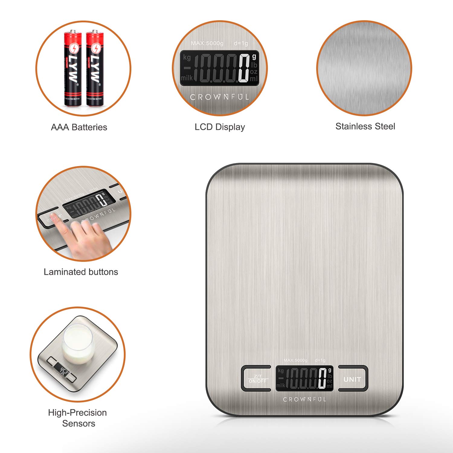 Crownful Digital Food Scales, 11lb Kitchen Scale Weight Grams and Ounces for Cooking and Baking, 5 Units with Tare Function (Batteries Included): Industrial & Scientific