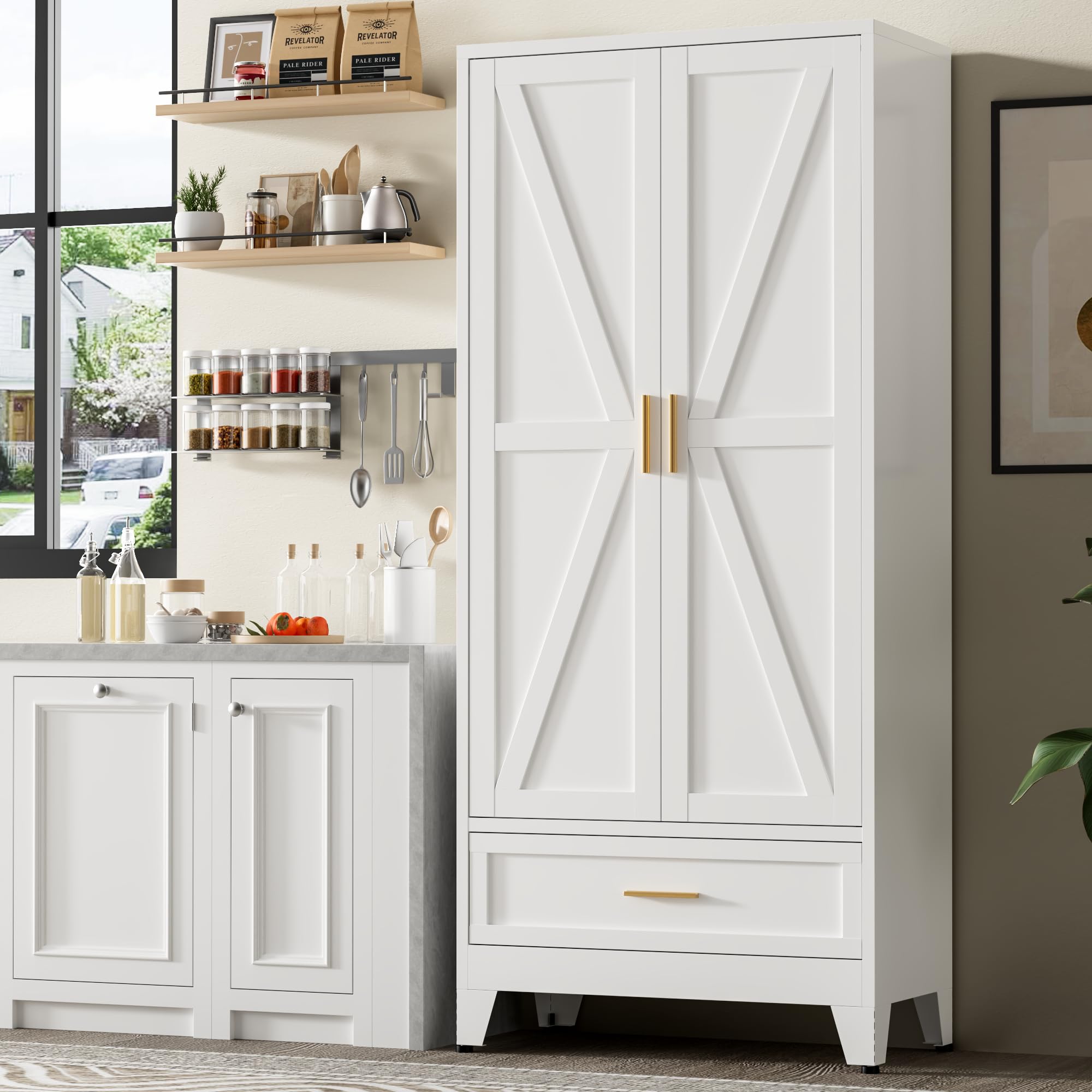 Photo 1 of *** DARK BLUE ***** 71"Tall Metal Storage Cabinet with Drawer and 4 Adjustable Shelves,Farmhouse Kitchen Pantry Storage Cabinet with Doors, Freestanding White Locker Cabinets for Office,Dining Room,Bathroom(White)