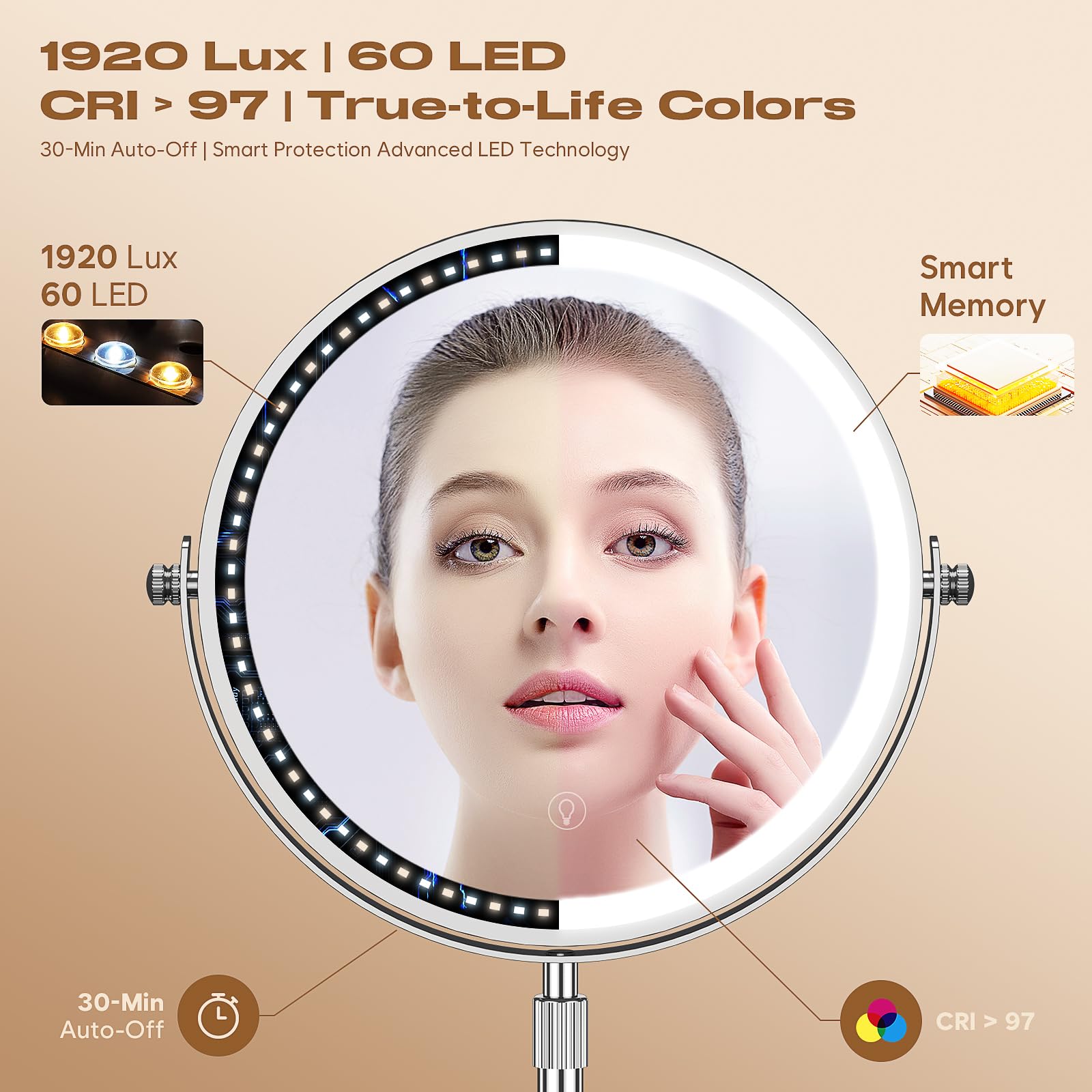 Makeup Mirror with Lights, 1x/20x 360° Rotation Vanity Mirror, Brightness Adjustable Lighted Makeup Mirror with Magnification, 5000 mAh Rechargeable Double Sided Mirror with 3 Colors, Gift for Women