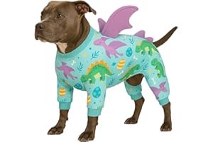 LovinPet Large Dog Pajamas, Four-Leg Stretch Onesie Bodysuit, Lightweight UV-Shielding Pajamas, Anti-Lick Calming Recovery Suit for Surgery, 3D Dino Wing Design with Soft Spikes， Blue Purple， XXL