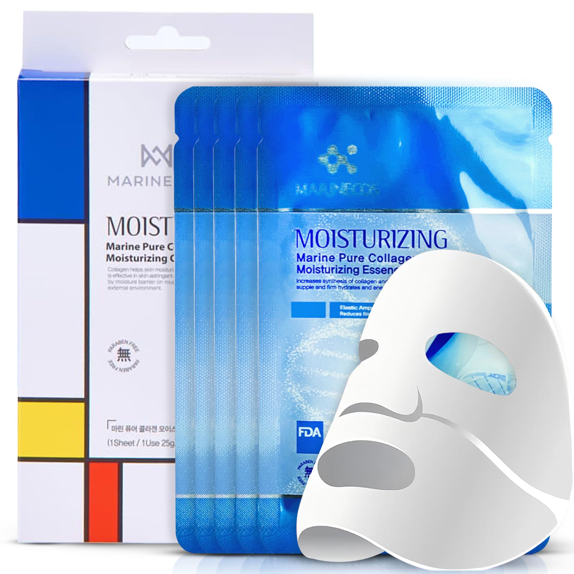 MARINECOS Collagen Face Masks – Hydrating, Anti-Aging, Firming Masks for Glowing Skin – Deep Moisture with Marine Collagen – 5 Pack