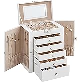SONGMICS 6-Layer Jewelry Box Organizer with 5 Drawers, Jewelry Storage Case with Lock and Mirror, Large Storage Capacity, Gift for Loved Ones, for Necklaces, Watches, White UJBC152W01