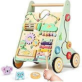Wooden Baby Walker with Adjustable Speed, Montessori Push Walker Toy with Activity Center & Wheels, Sturdy Learning Toy for Boys and Girls