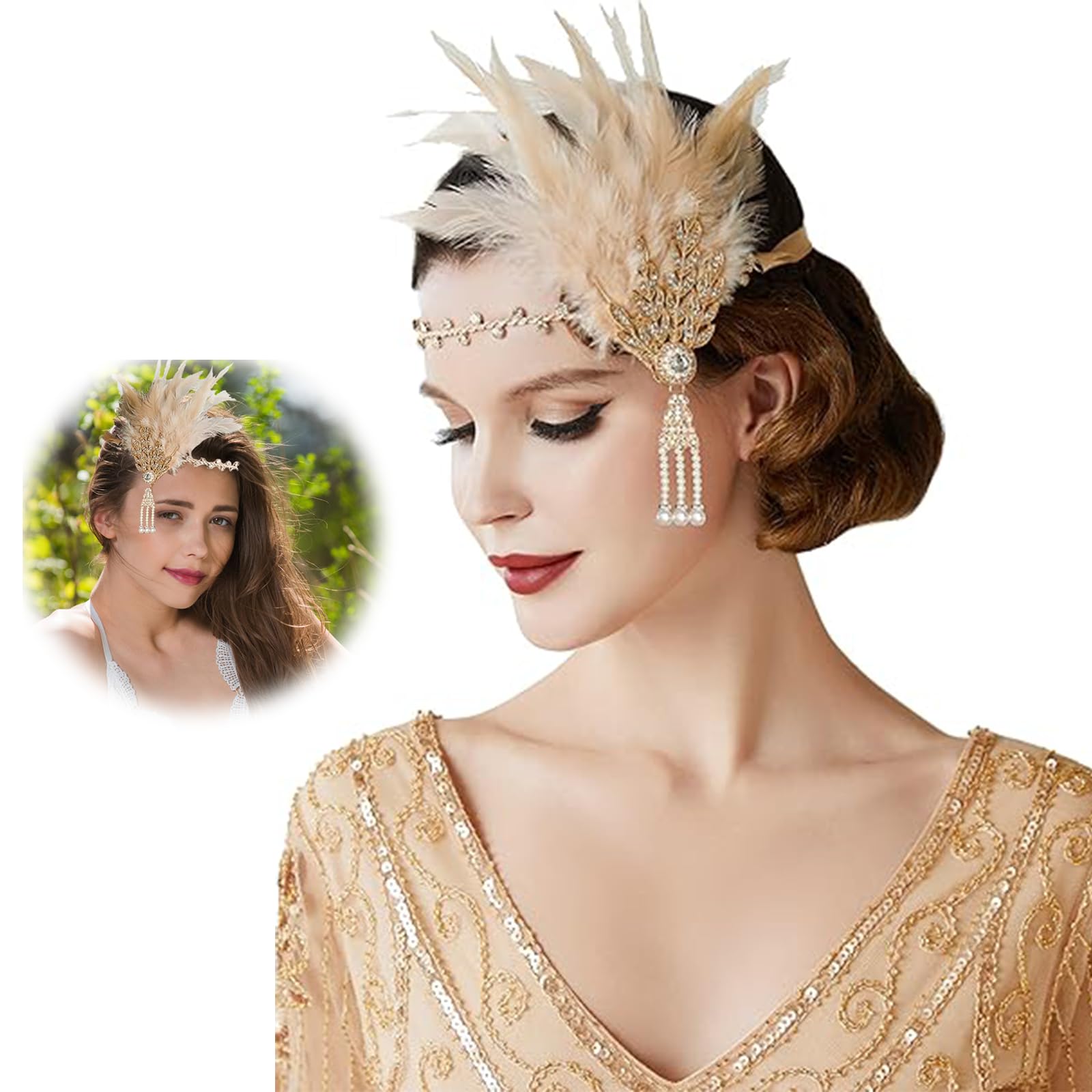 Vokowin1920s Headband 1920s Flapper Headpiece Vintage Headband with Crystal Great Gatsby Accessories for 920s Flapper Feather Headpiece, 20s Accessories Costume Prom Wedding Party (K380-1)
