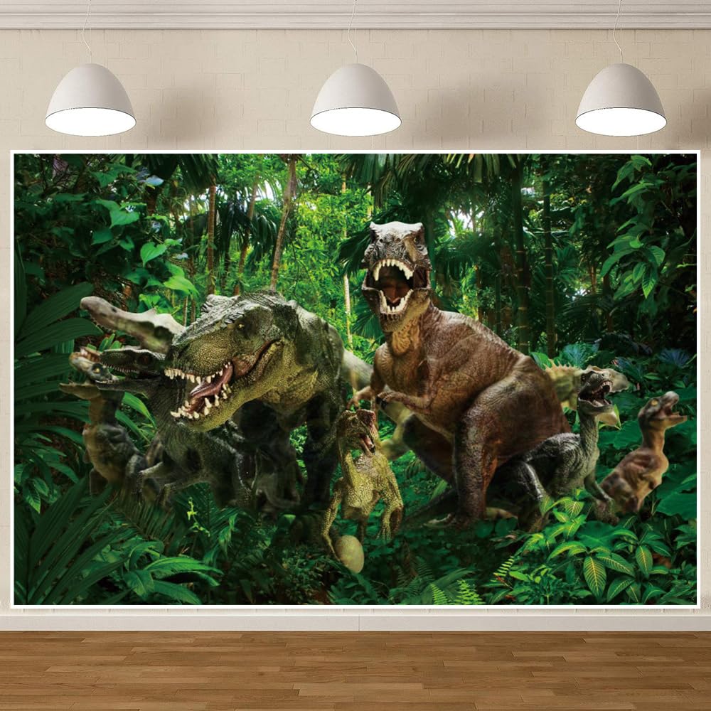 Photo 1 of CRTPOD 7x5ft Dinosaur Backdrop for Photography Tropical Jungle Forest Dinosaur Background for Boys Kids Baby Birthday Theme Party Banner Photoshoot Studio Props