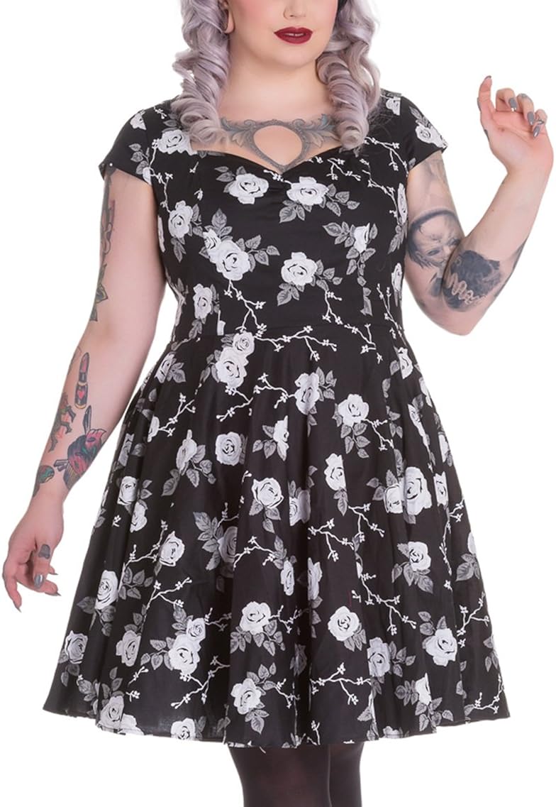 black dress with white roses
