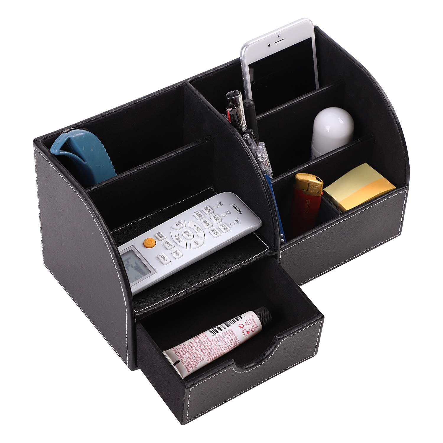 Leather Desk Organizer PU Desk Supplies Organizer Caddy Desktop Stationery Storage With Drawers Desk Holder for Office Supplies with Compartments Box Collection Desk Accessories for Cell Phone Cards