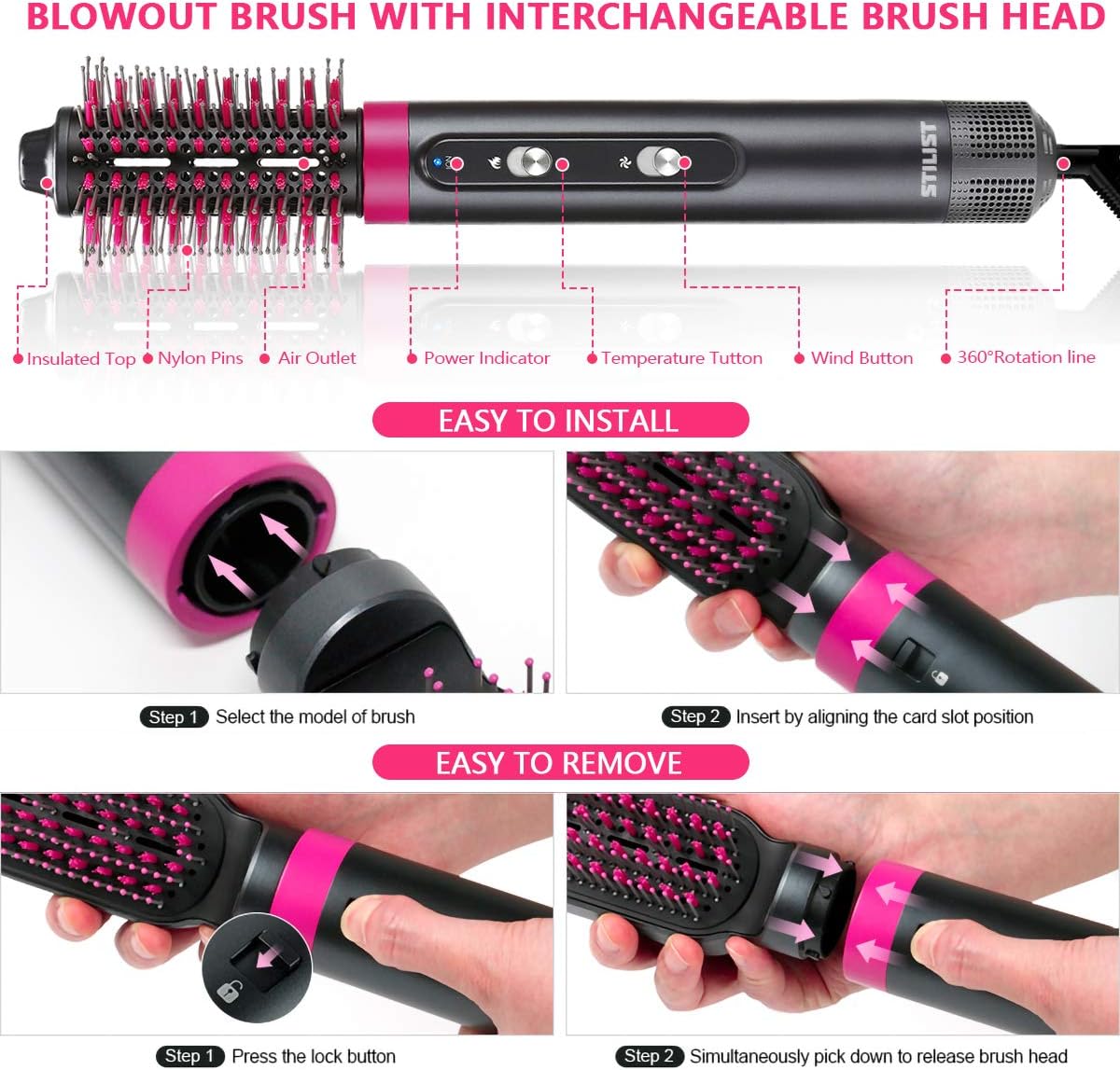 STILIST One-Step Hair Dryer and Volumizer Hot Air Brush, 4 in 1 Hair Dryer Brush, Negative Ionic Electric Hair Brush, Curler Combo with Interchangeable Brush Head, Blow Dryer Brush for All Hair Types: Sports & Outdoors
