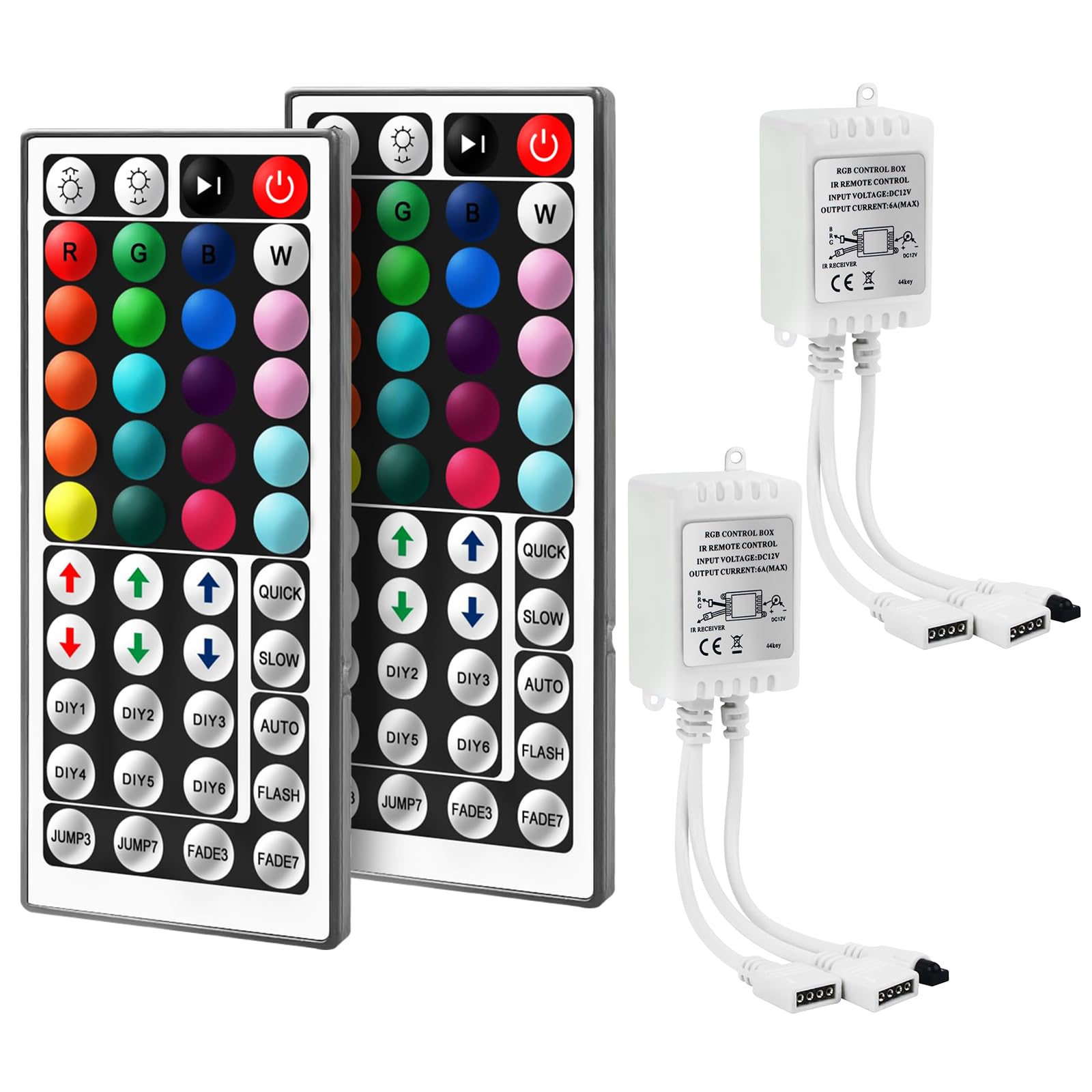 Cube-LED 𝐃𝐮𝐚𝐥 𝐎𝐮𝐭𝐩𝐮𝐭𝐬 44-Key DC12V 4 Pin 2 Ports RGB Controler Box Wireless IR Remote Controller with Receiver for RGB 3528 5050 LED Light Strip (2Pcs 12V 44Key IR 2-Channel [White])