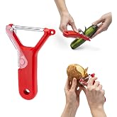 Dreamfarm Sharple Y Self-Sharpening Vegetable Peeler - Red | Ceramic sharpener in safety cover automatically hones stainless steel swivel blade, suitable for left &amp; right handed use