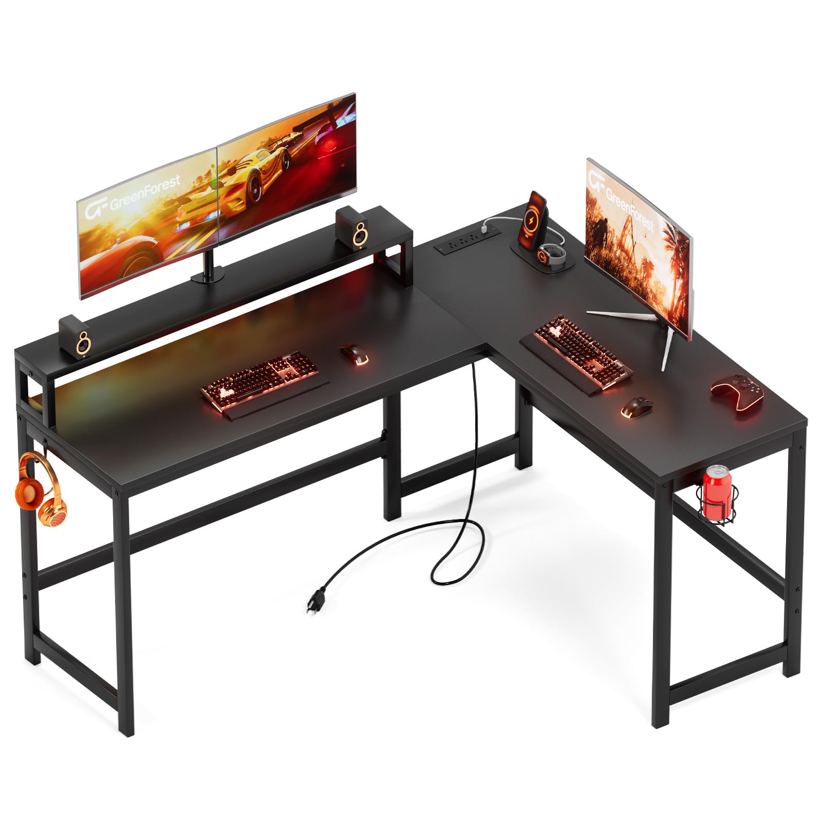 Photo 1 of GreenForest L Shaped Desk with Power Outlets, 62 Inches Reversible Small Corner Computer Desk with Monitor Stand, Home Office Gaming Desk with Headphone Hook, Cup Holder, Black