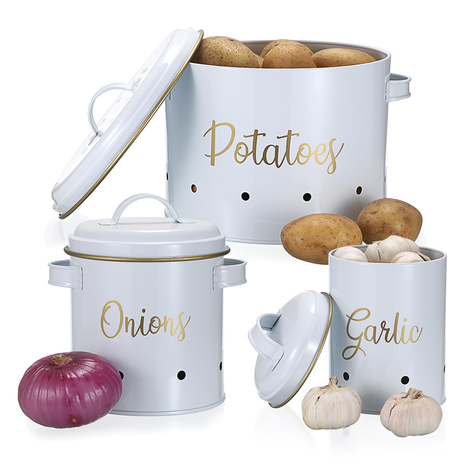 Photo 1 of OwnMy Set of 3 Potato Onion Garlic Storage Bins Vegetable Containers Food Containers for Kitchen Counter, Potato Onion Storage Containers for Pantry Garlic Store Jars Vegetable Canisters Set, White