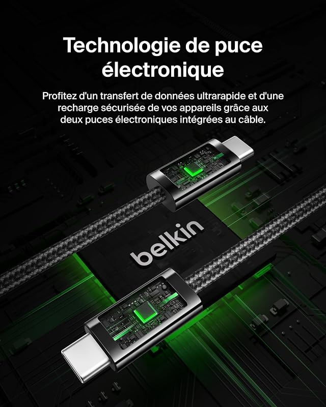 Pack de 2 Câbles USB-C vers USB-C avec gaine tressée (1,5 m, 240 W, doux au toucher, souple, recharge rapide, pour iPhone 17 et iPhone 16, Galaxy S25, Pixel 10, iPad Pro, etc., noir)