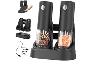 CIRCLE JOY Electric Salt and Pepper Grinder Set Automatic Salt and Pepper Grinder Set with Easy-to-Carry Charging Base and LED Light, USB Rechargeable, Upgrade External Adjustable Coarseness