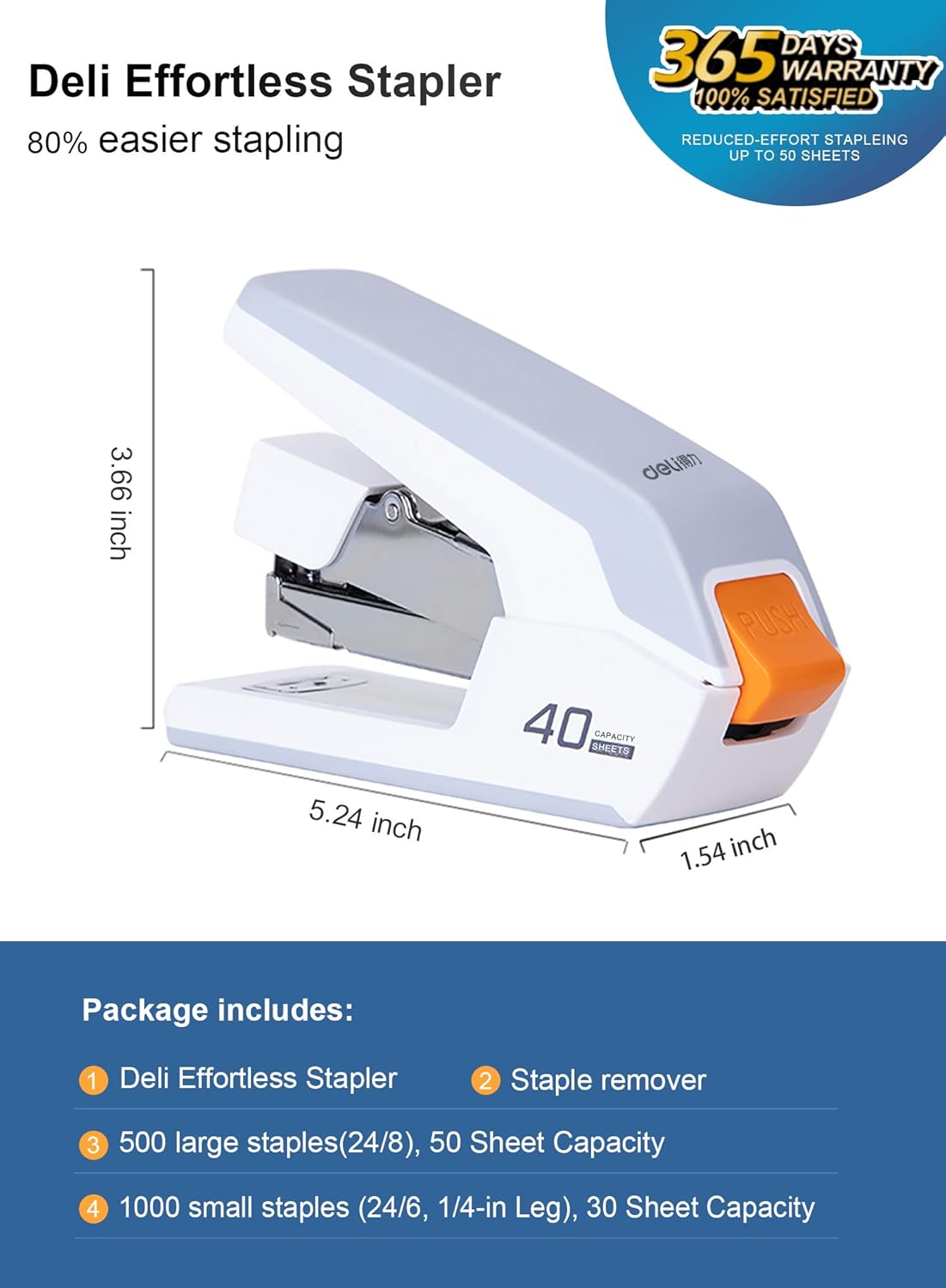 Deli Effortless Desktop Stapler, 40-50 Sheet Capacity, One Finger Touch Stapling, Easy to Load Ergonomic Heavy Duty Stapler, Includes 1500 Staples and Staple Remover : Office Products