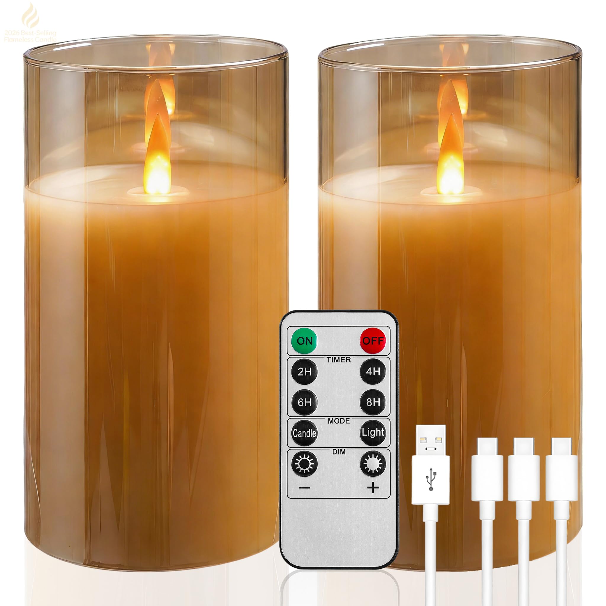 Photo 1 of haitanghua 2 - Pack 6" Golden Rechargeable Flameless Pillar Candles with Remote & Timers?USB-Rechargeable Realistic Flickering Candles Real Wax - Ideal for Wedding & Festival Home Decoration