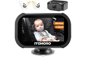 Itomoro Wireless Baby Car Camera for Backseat, 4.3'' HD 1080P Wireless Baby Car Monitor with Camera Rechargeable, Wireless 2.4G 1000ft Range, IR Night Vision Rear View Car Seat Camera for All Car