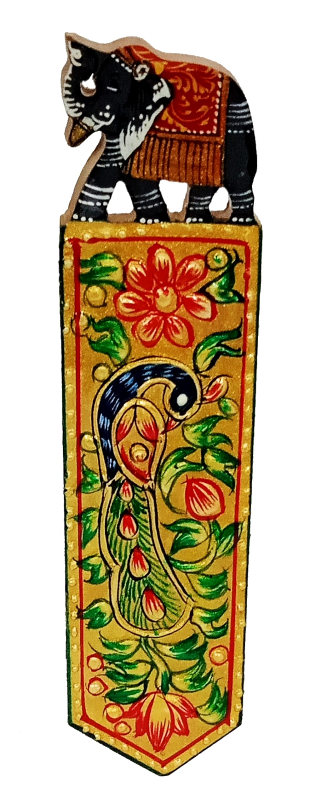 Purpledip Wooden Bookmark Paper Holder 'Pretty Peacock': Hand Carved & Painted Souvenir for Book Lovers; Indian Gift (11442B)